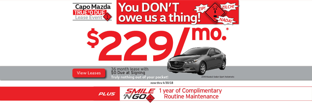 Details of Capo Mazda True $0 Due Lease Event and Grey 2018 Mazda3 Sedan