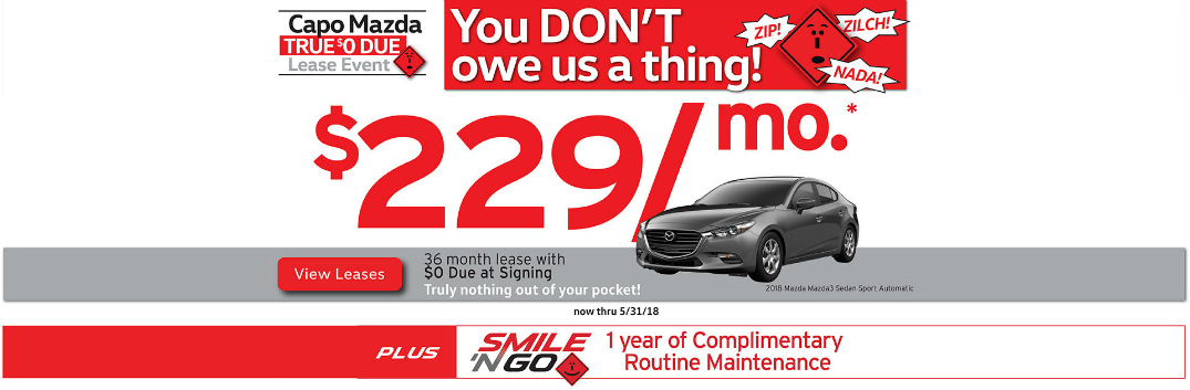 Details of Capo Mazda True $0 Due Lease Event and a Grey 2018 Mazda3 Sedan