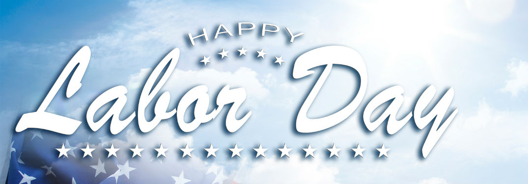 Happy Labor Day, text floating in front of white fluffy clouds in a bright blue sky