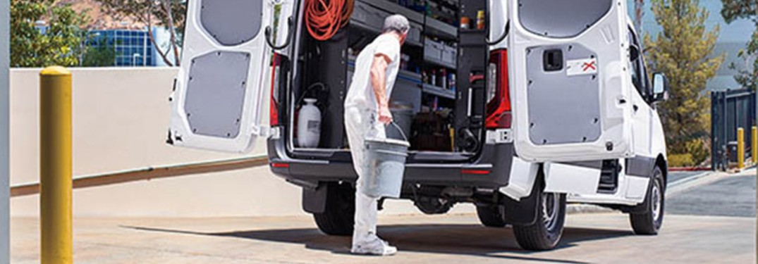 2021 Mercedes-Benz Sprinter Cargo Van with a man and a bucket