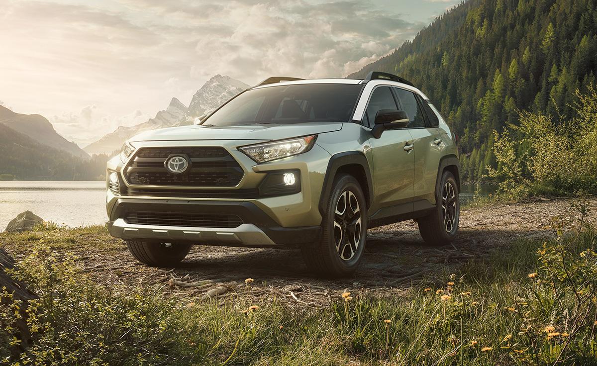 Image of a green 2019 Toyota RAV4 parked in front of a scenic, wooded landscape.