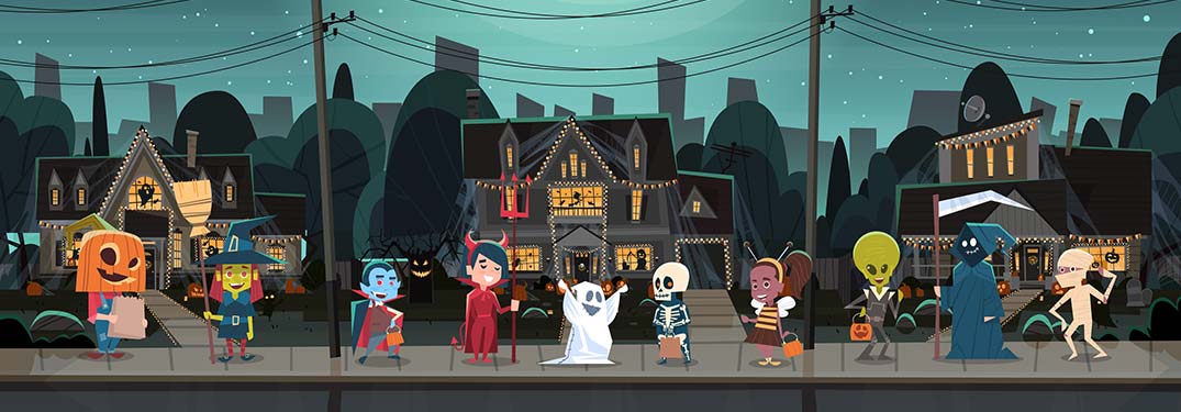 Cartoon kids lined up in Halloween costumes