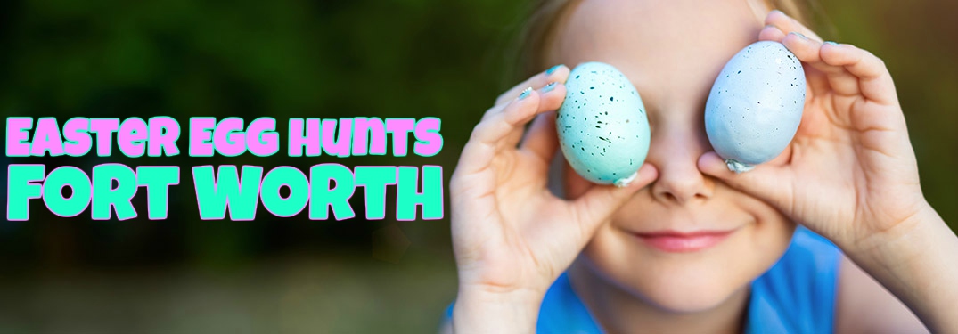 Easter egg hunts in Fort Worth with a kid holding eggs in front of his eyes