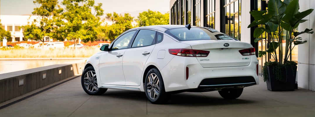 Rear View of white 2020 Kia Optima Hybrid