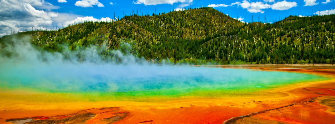 Grand Prismatic Spring in Yellowstone National Park with colorful water caused by bacteria