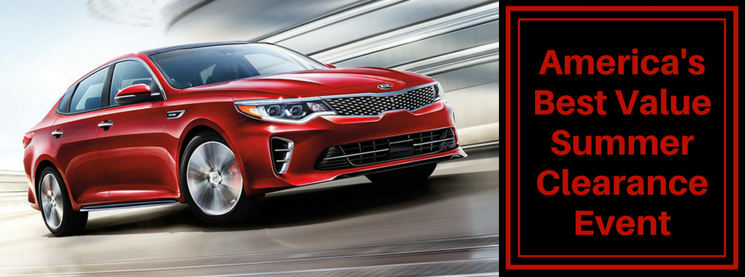 Red 2018 Kia Optima with "America's Best Value Clearance Event"