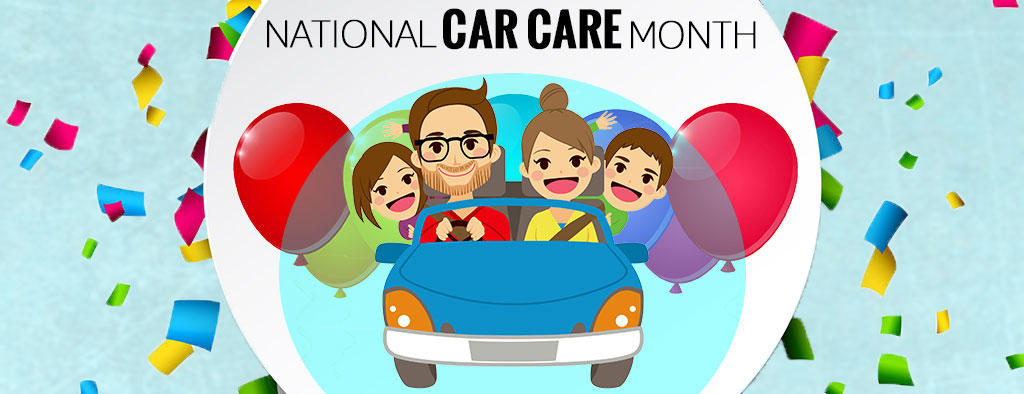 A cartoon family in a car surrounded by balloons and confetti because of spring service and "National Car Care Month"