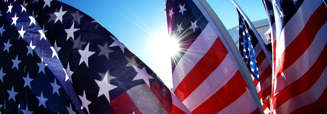 American flags with sun shining in background
