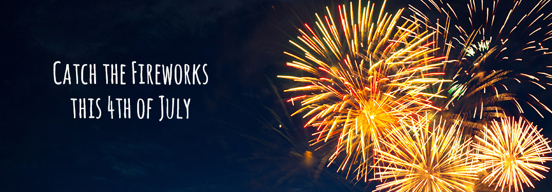 Catch the fireworks this Fourth of July on a blue background with fireworks shooting in the distance