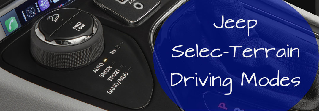 Jeep Select-Terrain driving mode selector in the central console with a caption