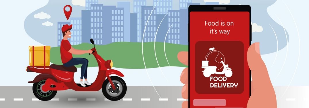 "Food is on it's way, Food Delivery" on phone app with delivery man on scooter