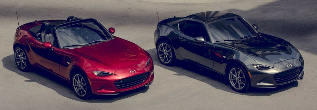 two 2019 mazda mx-5 miata models side by side