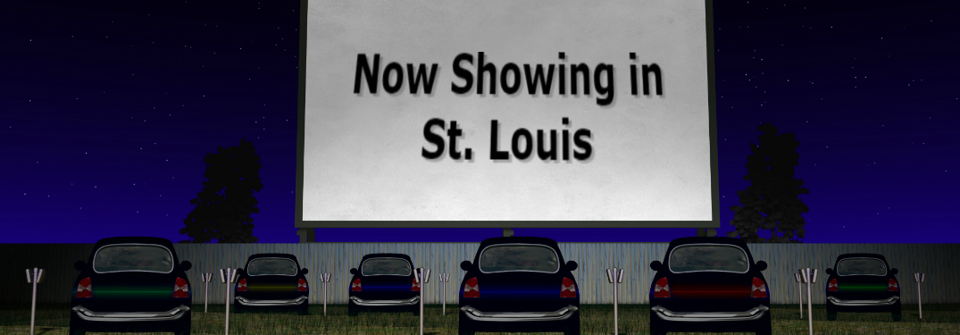 Drive-in movie graphic with a screen that says Now Showing in St. Louis