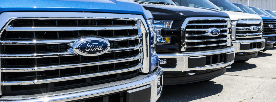 Front grilles of Ford F-150 trucks in line at dealership