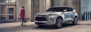 Driver side exterior view of a gray 2019 Chevy Blazer