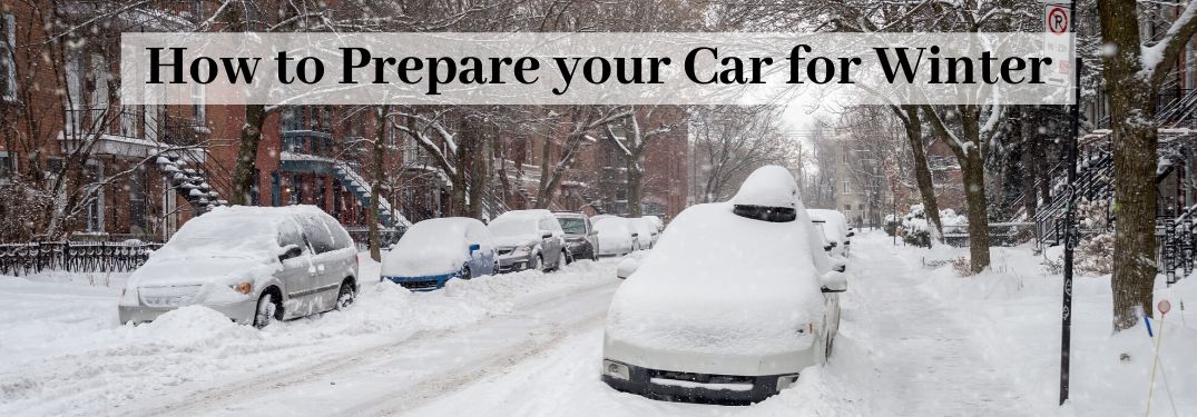 Cars on street covered in snow with how to prepare your car for winter in text above