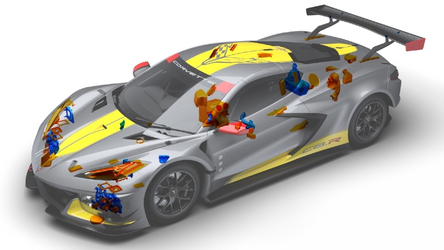 X-ray vision of a Corvette showing the 3D printed parts