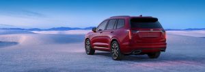 rear view of the 2025 Cadillac XT6 parked on a snowy road