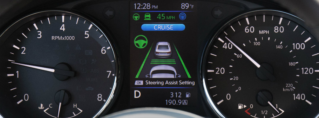 View of a Nissan vehicle's dashboard with ProPilot Assist
