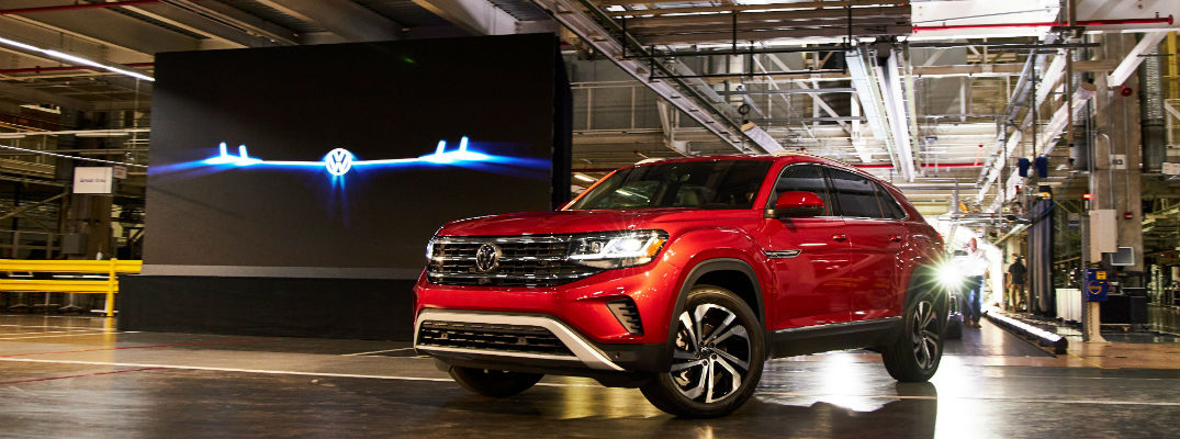 A photo of the 2020 Volkswagen Atlas Cross Sport at a VW facility.