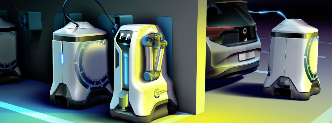 A photo illustration of the Volkswagen Electric Charging Robot in action.