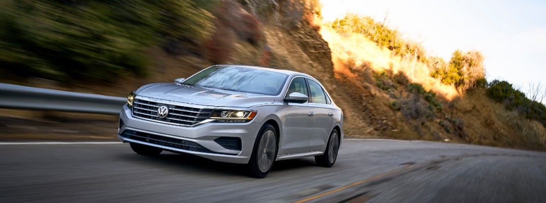 A front-end photo of the 2020 Volkswagen Passat on the road.