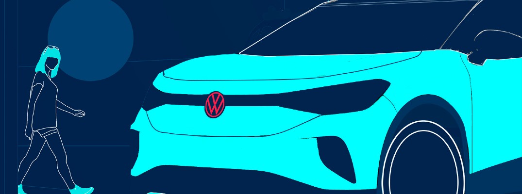 A photo illustration of a person looking a new Volkswagen electric vehicle.
