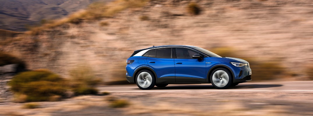 A right profile photo of the 2021 Volkswagen ID.4 on the road.