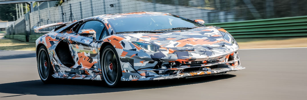 2019 Lamborghini Aventador SVJ Exterior Passenger Side Front Angle in Camouflage at the Nurburgring