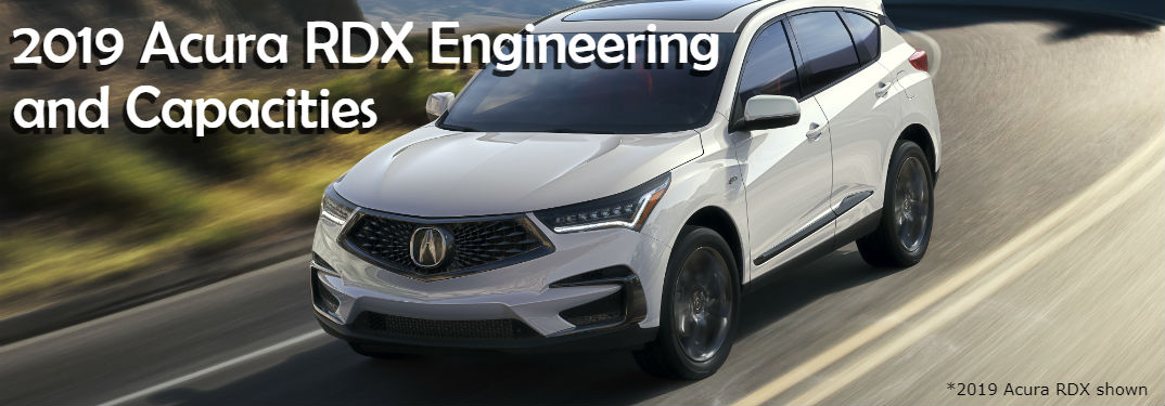 image of 2019 Acura RDX driving past mountains with text saying: 2019 Acura RDX Engineering and Capacities”