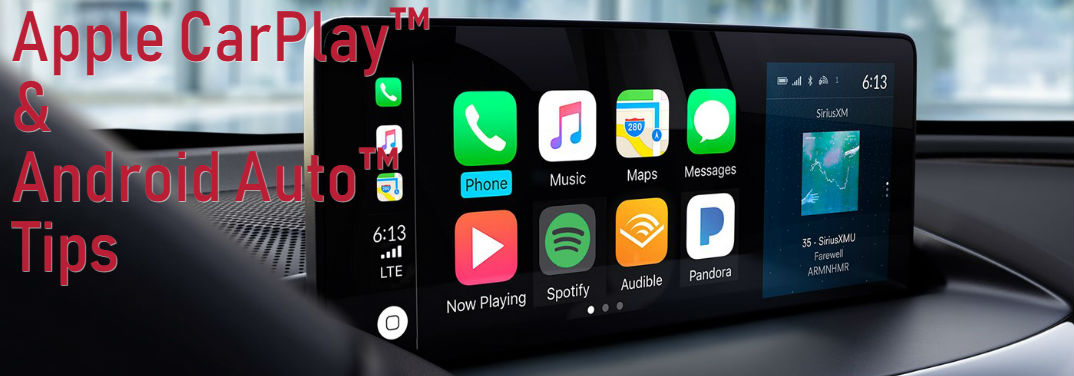 Acura Apple CarPlay™ and Android Auto™ Tips with an image of Apple CarPlay™ on the display screen of a 2019 Acura RDX with Advance Package and Ebony Interior and text saying: "Apple CarPlay™ & Android Auto™ Tips"