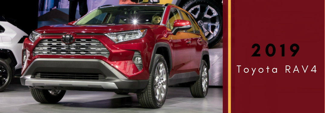 Front end of the 2019 Toyota RAV4 with red box and black and white text saying 2019 Toyota RAV4