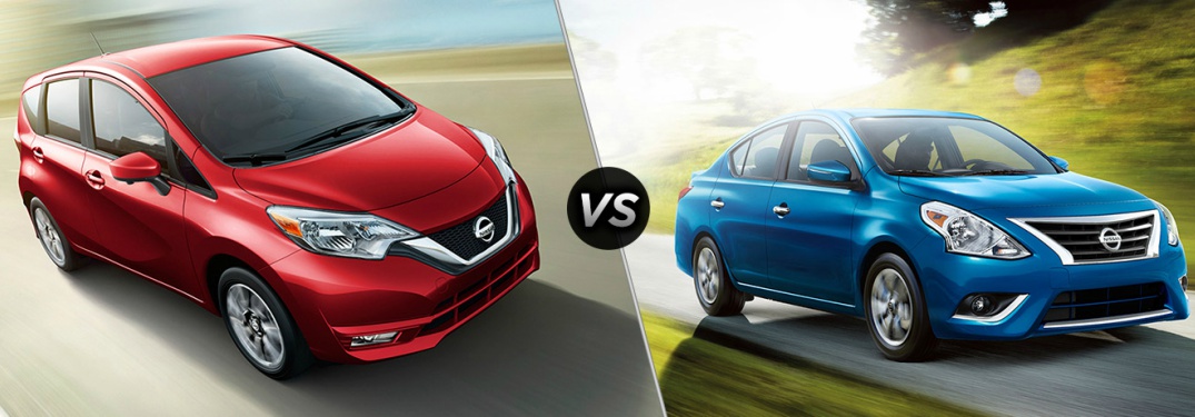 red Nissan Versa Note and blue Nissan Versa side by side