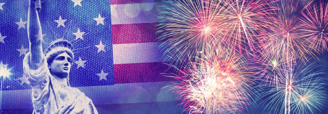 Picture of American flag, Statue of Liberty and fireworks