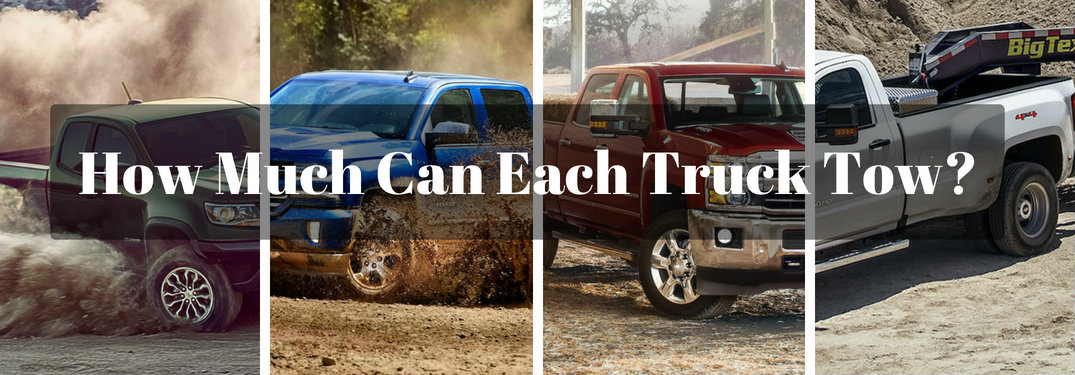 Picture of Chevy Colorado, Silverado 1500, Silverado 2500HD and Silverado 3500HD with text asking how much each can tow