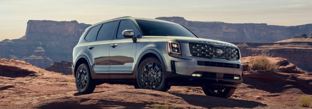 The front and side view of a silver 2021 Kia Telluride parked in front of a canyon.