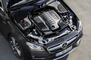 top down view of the engine of a Mercedes-AMG E 53 Coupe