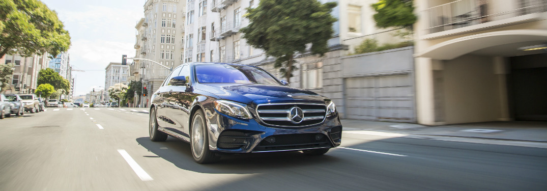 front and side view of blue 2018 mercedes-benz e 300 sedan