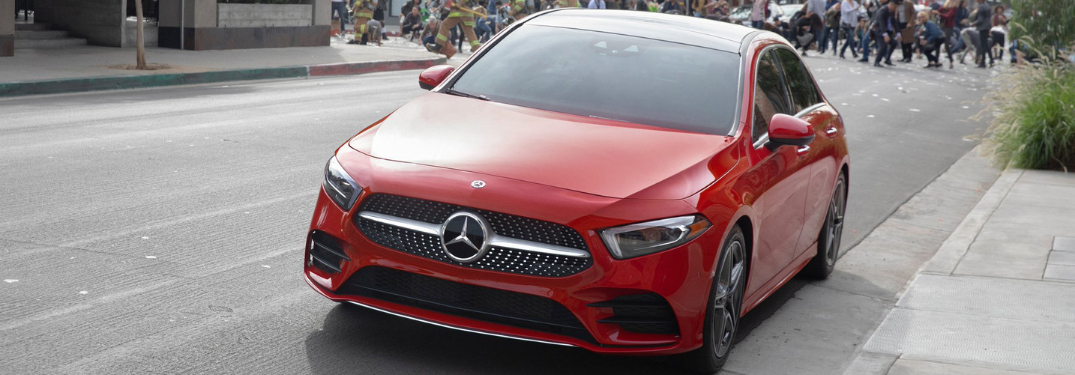front and side view of red 2019 mercedes-benz a-class in mercedes-benz super bowl commercial