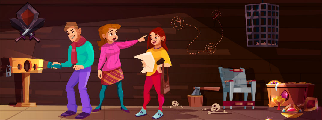 An illustrated photo of people working through an escape room.