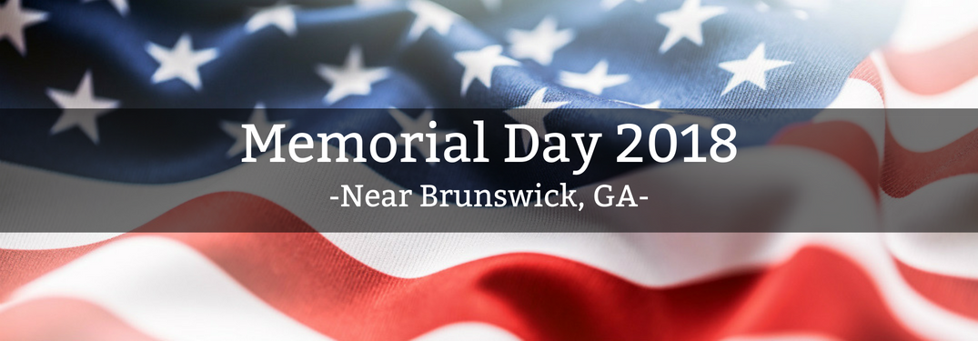 Memorial Dat 2018 near Brunswick GA text over American flag