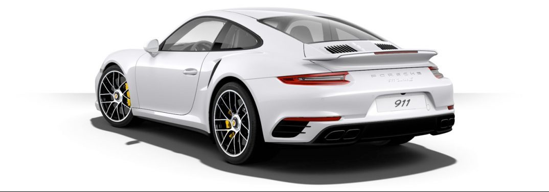 angled view of the rear of the 2018 porsche 911 turbo on a white background