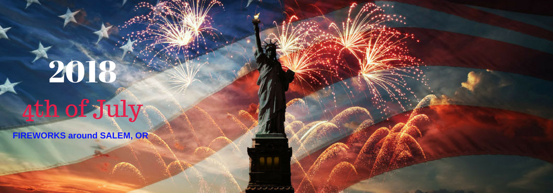 2018 4th of July fireworks around Salem, OR, test on an image of the Statue of Liberty superimposed onto the American Flag with fireworks going off