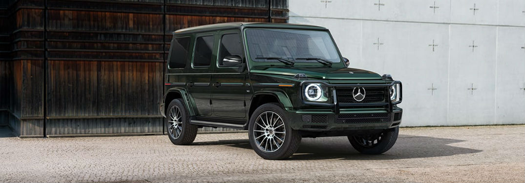 2020 MB G Class SUV green exterior front fascia passenger side parked