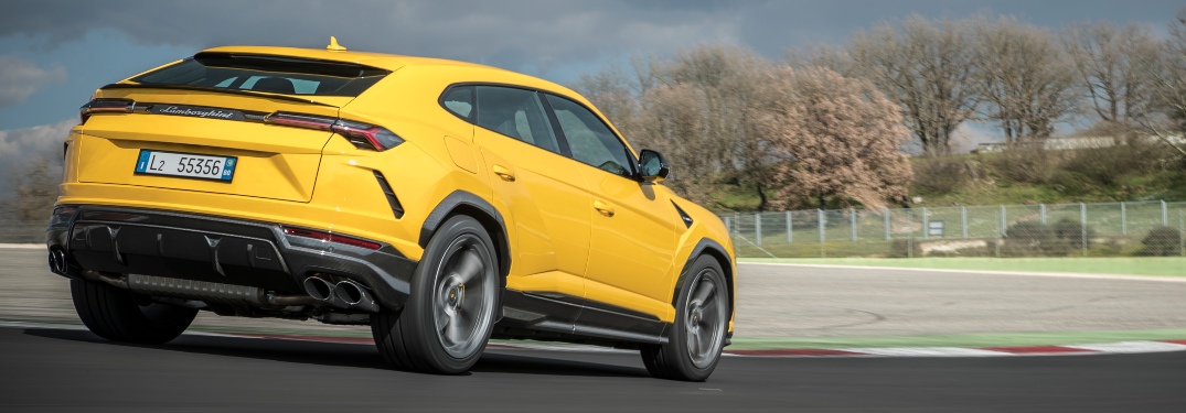 Lamborghini Urus yellow back view in fall