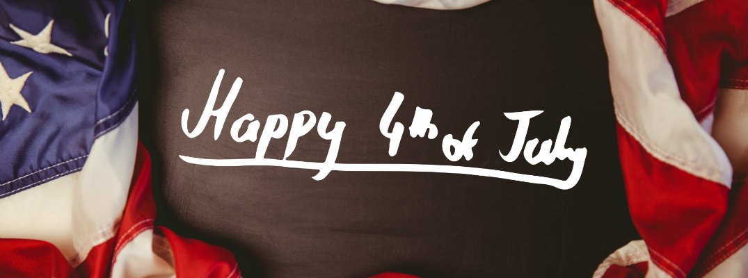 Happy 4th of July banner writing surrounded by an American flag