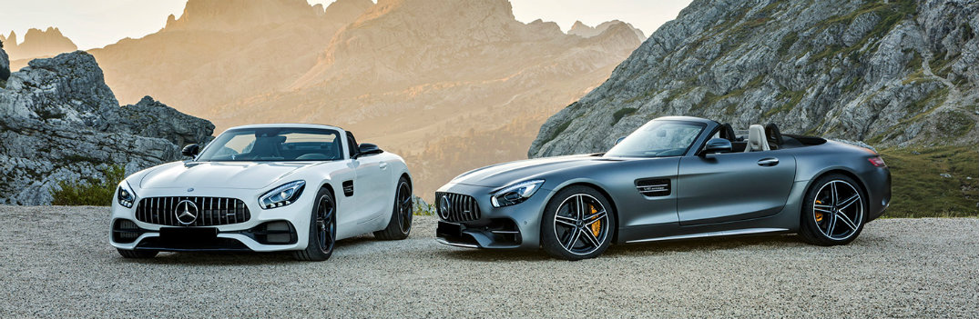 2018 Mercedes-Benz AMG GT C models parked in rocky wilderness