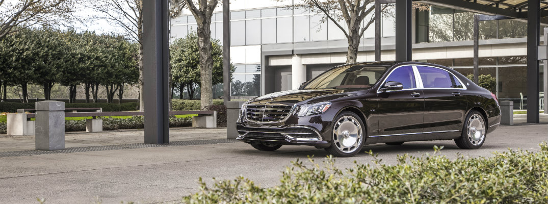 2018 Mercedes-Maybach exterior shot parked in a terrace with bushes and tress lining the walkway