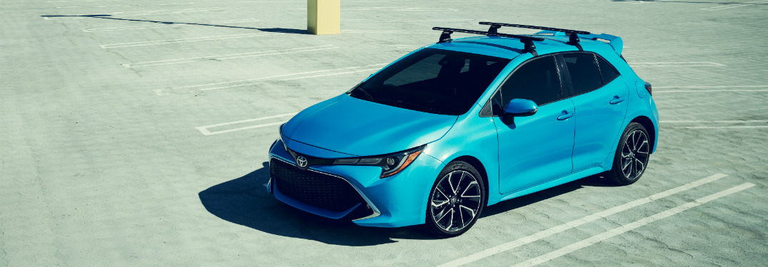 Overhead view of a blue 2018 Toyota Corolla in a parking lot