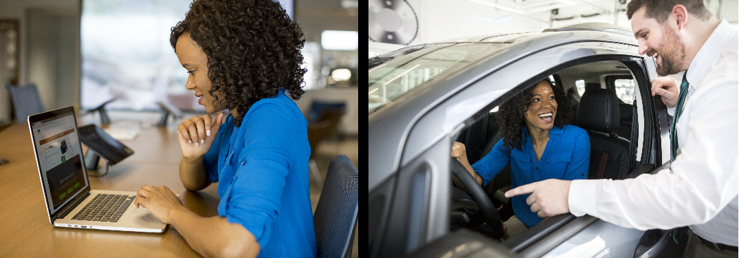Left Photo of a Women Purchasing a Car Online and Right Photo of the Woman Driving the Car